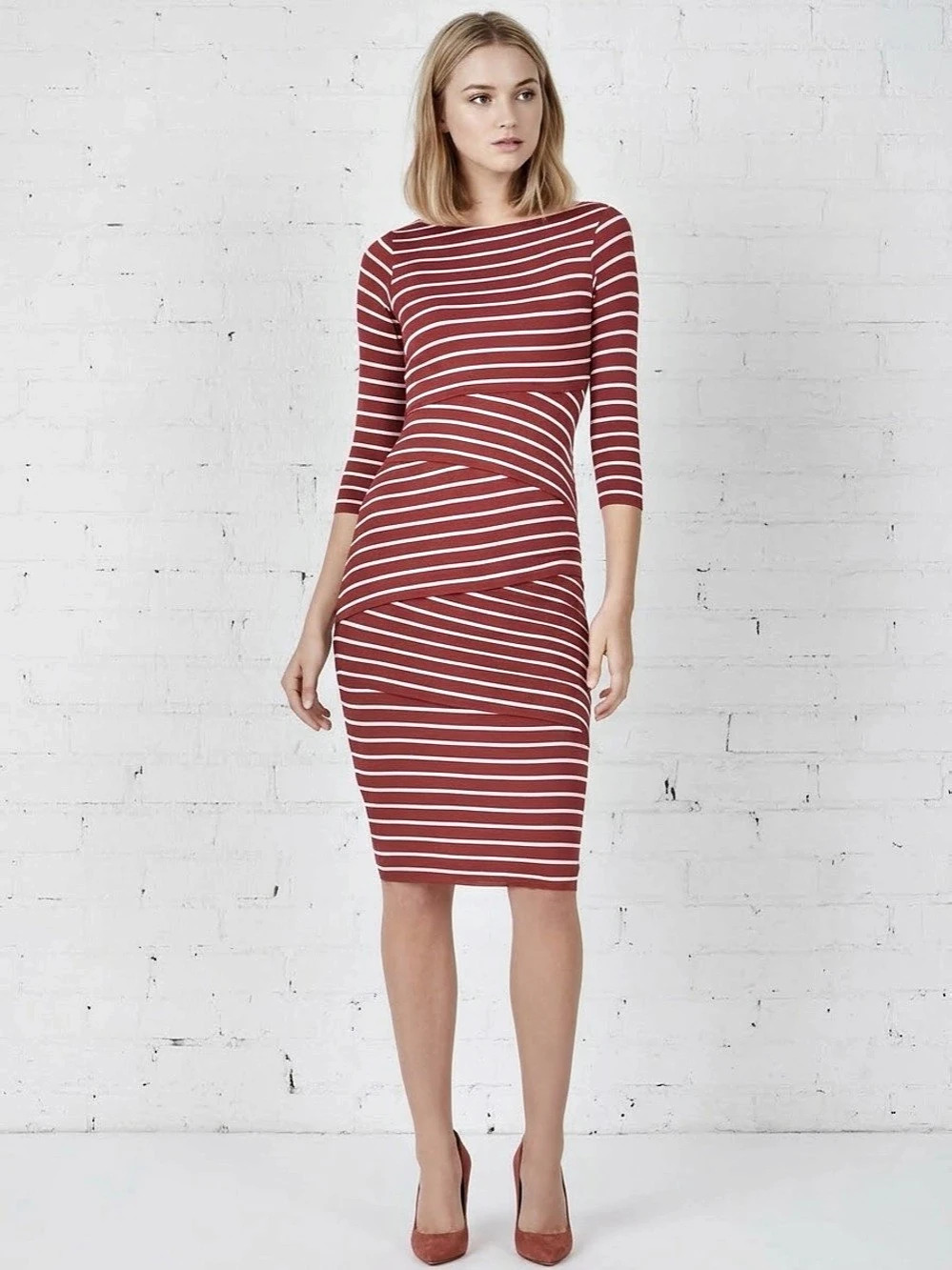 Bailey/ 44 Brick/ Burgundy Stripe Layered Bodycon 3/4 Sleeve Midi Dress L NWT